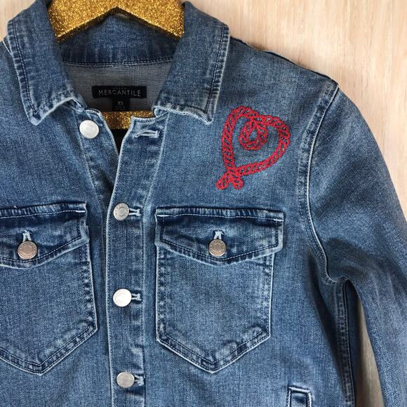 J Crew Mercantile Blue Cropped Denim Jacket Embroidered Heart Cute Casual XS - Picture 2 of 12